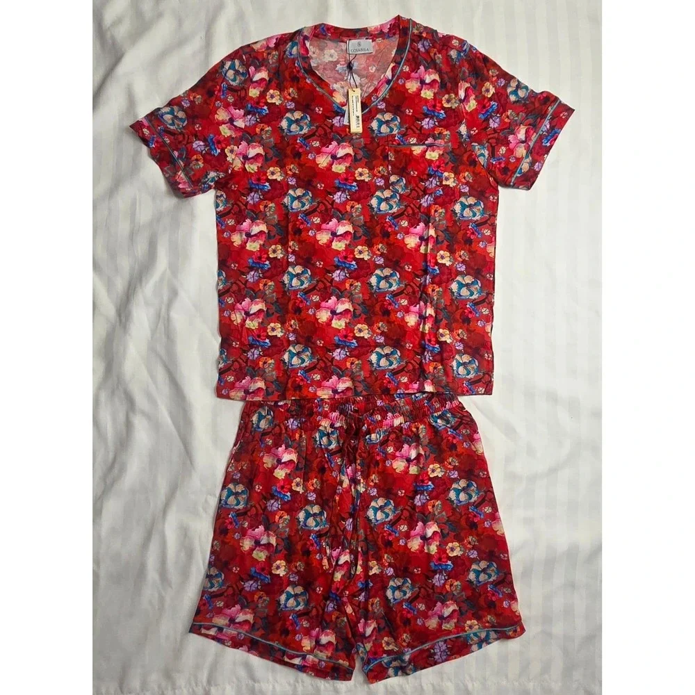Cosabella Bella Mens Printed SS Top Short PJ Set Faded Rose Andaman Sea Large